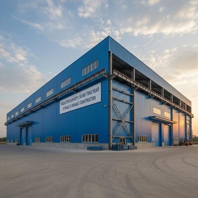 Mavi Duvar Renkli Çelik Çerçeve Depo Yılda 50000 ton üretim kapasitesi sunan Depolama ve kalıcı inşaat ihtiyaçları için tasarlanmıştır